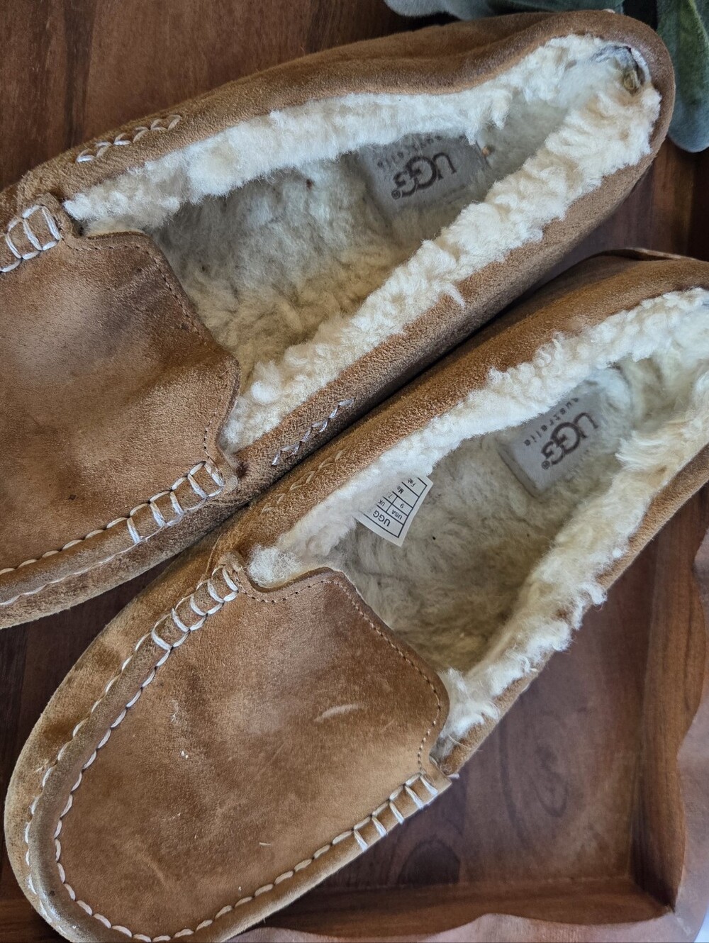 UGG Chestnut Suede Shearling-Lined Slip-On Loafers- Size 9